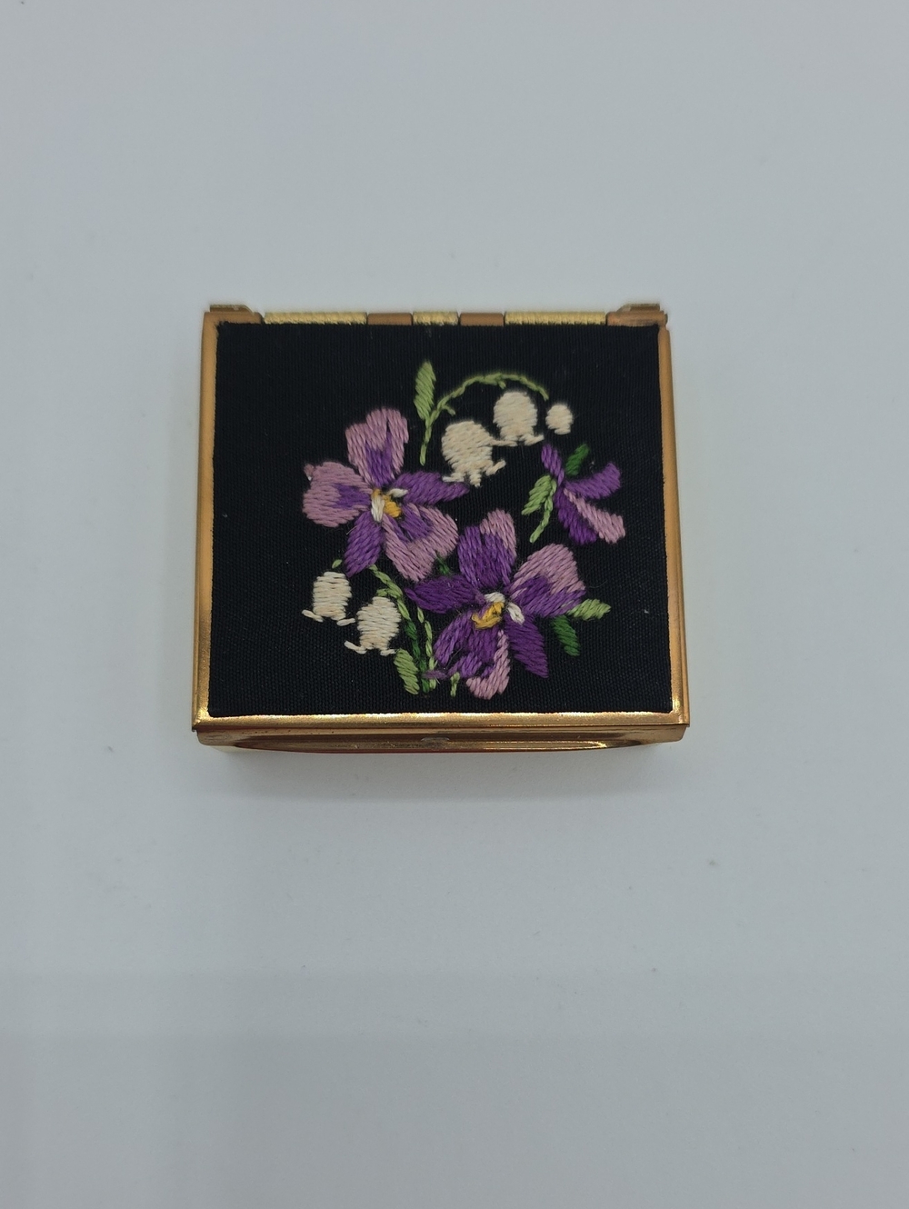 Gold-Tone Small Compact Case with Embroidered Purple Floral Top